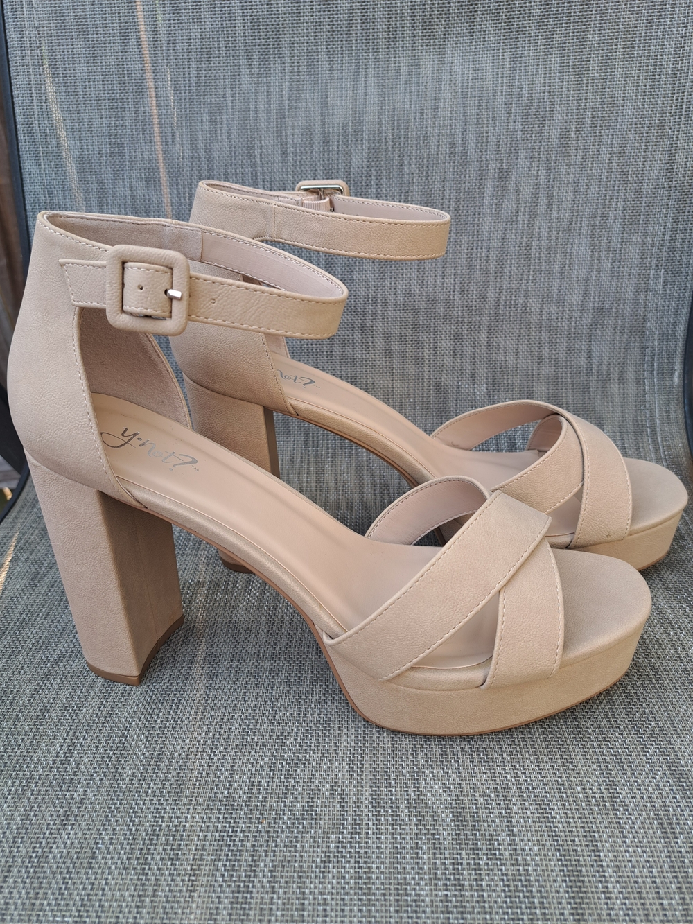 y•not? Brand Beige Platform Ankle-Strap Block Heel Sandals